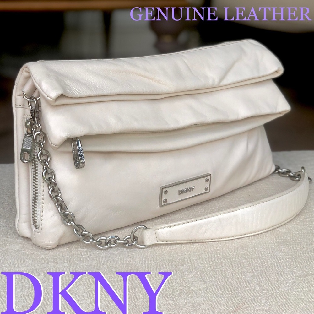 DKNY Leather fold over shoulder bag clutch IVORY